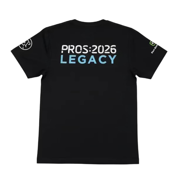Black t-shirt with 'PROS:2025 LEGACY' text on a white background