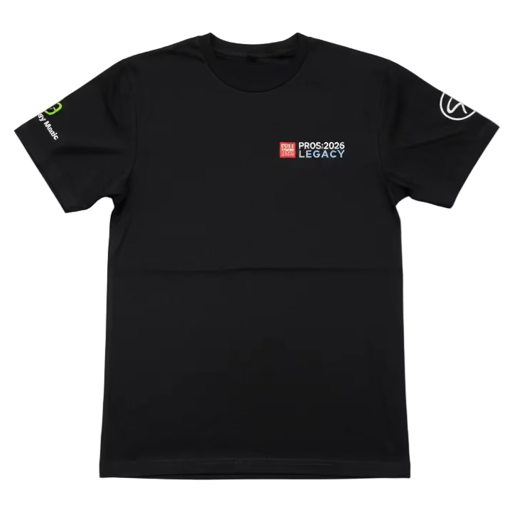PROS Legacy Event Black t-shirt with logos on sleeves against a clear backgrond.