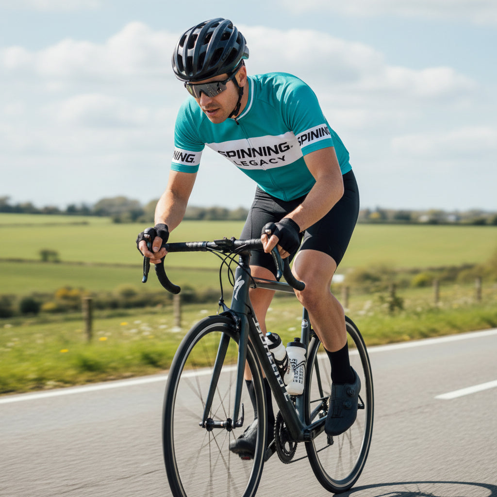 Legacy Unisex Cycle Jersey for PROS Spinning® indoor cycling Conference - Cyclist riding outdoors made with sustainable fabric