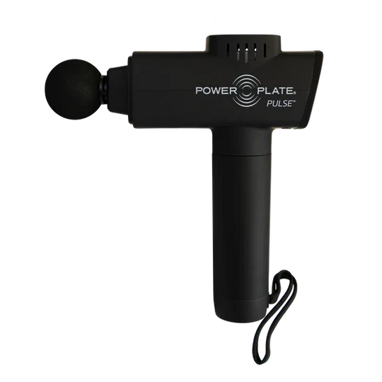 Black massage gun with 'Power Plate' branding on a white background