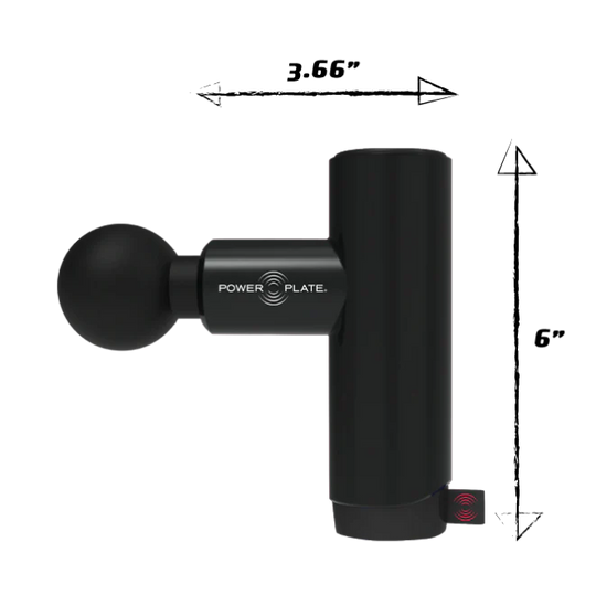 Black Power Plate Mini massage gun with measurements on a white background